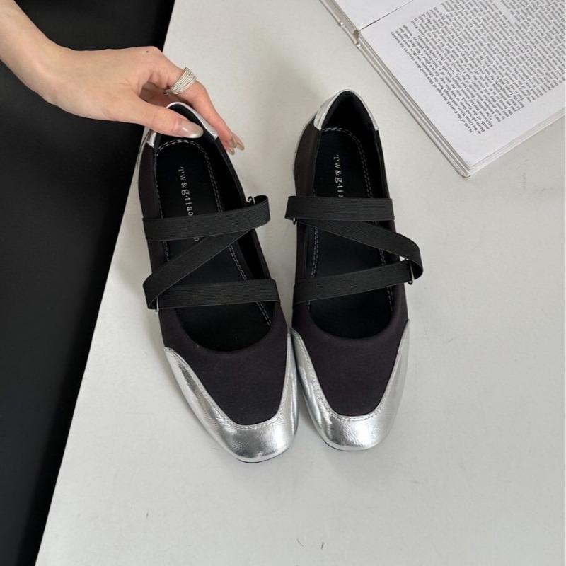 Flat shoes women's square head new spring and autumn light mouth Mary Jane ballet shoes elastic band silver soft sole single shoes