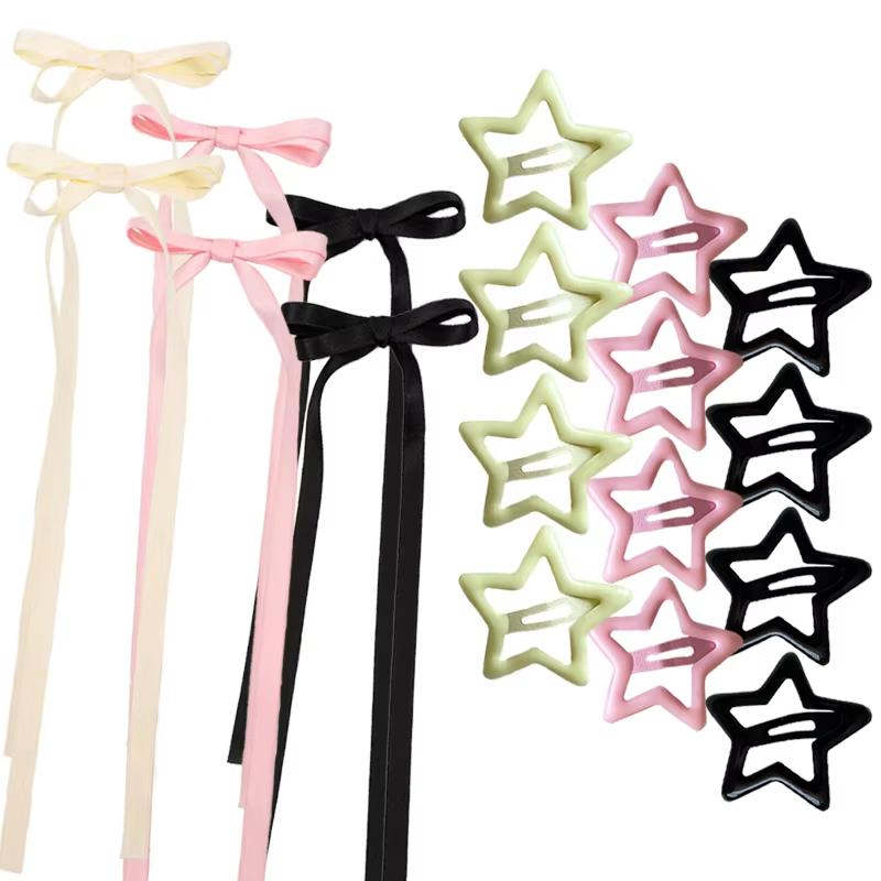 18 pcs BB Clip of hair for women and girls Y2K cute star clips style headband with long bow ribbon Clip for Hair accessories