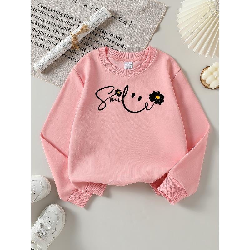 Girls' Long-Sleeve Casual Crewneck Sweatshirt | Smile Flower Design, Suitable For Outdoor Sports And Everyday Wear In