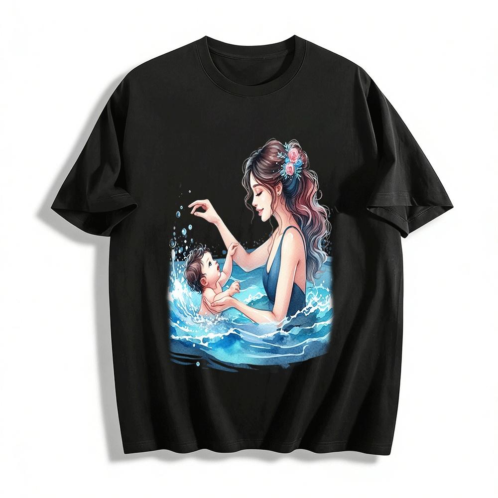 Mommy And Baby Swimming Time Print Casual Adult Top Pure cotton T-shirt XXS