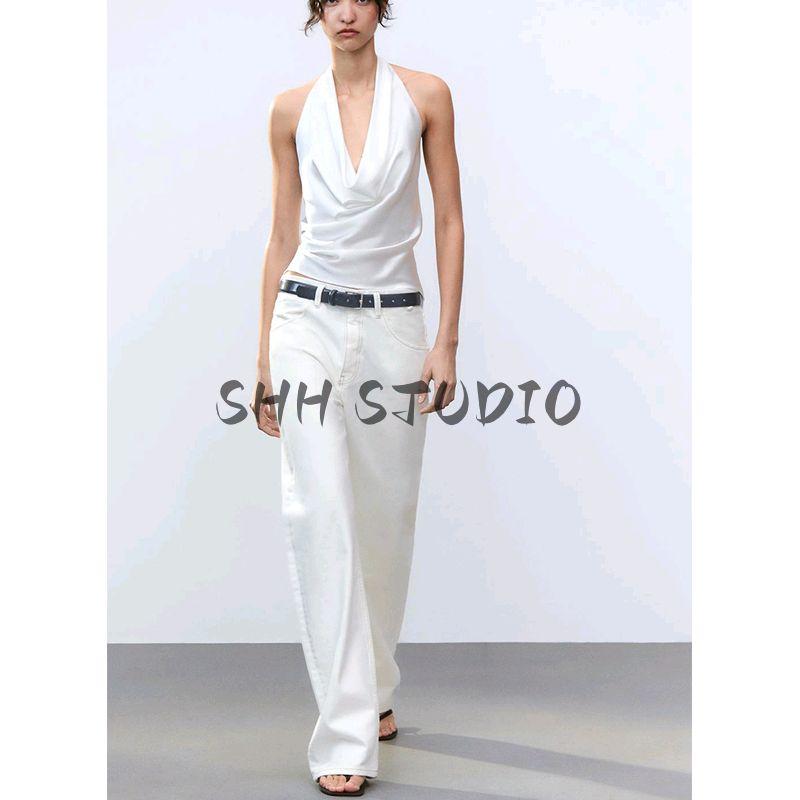 Spring and Summer New Women's Clothing Bowknot Decoration Draped Fashion Hanging Collar Silk Satin Texture Tops 2892650