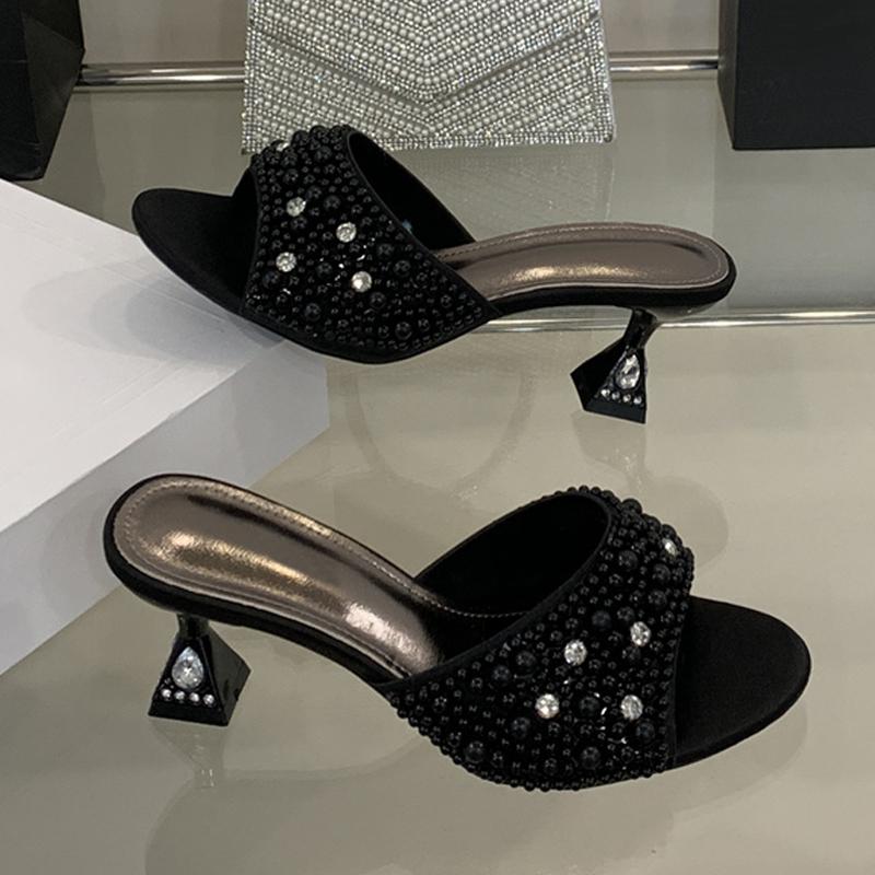 Summer Fashion White Pearl Women Slippers Sandals Open Toe Crystal Rhinestone Low Heels Mules Female Party Dress Shoes