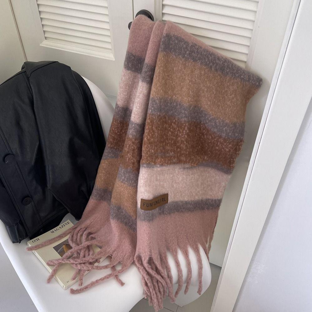 Thickened Knitted Stripe Scarf Windproof Long Wool Tassel Scarf Women's Cashmere Shawl Girls