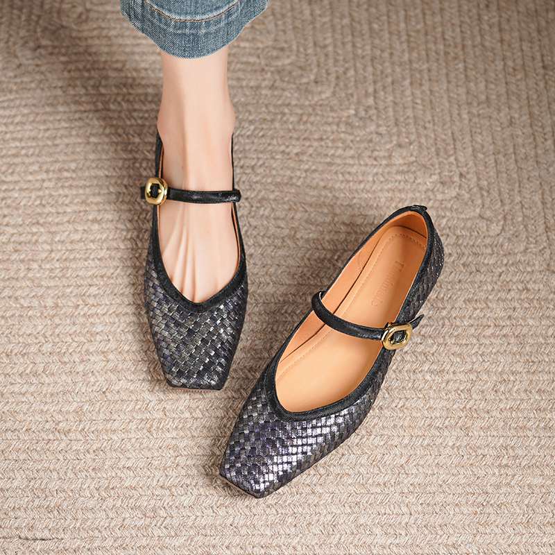 Krazing Pot Cow Skin Summer Spring Autumn Low Heels Women Square Toe Mary Janes Metal Buckle Shallow Pumps