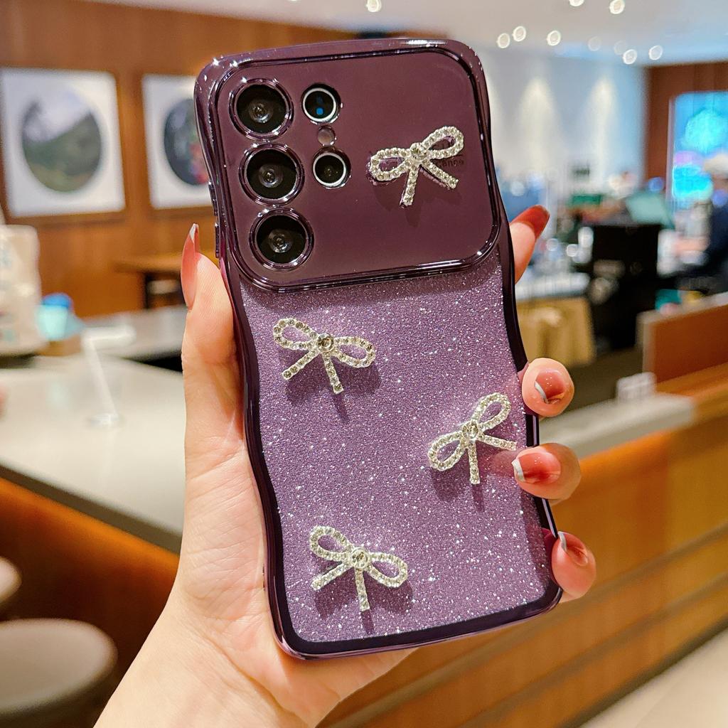 Pro pouzdro Samsung Galaxy S24 Ultra Elektroplátovaný vlnitý rámeček Třpytivý TPU kryt na telefon s ozdobou mašle z kamínků