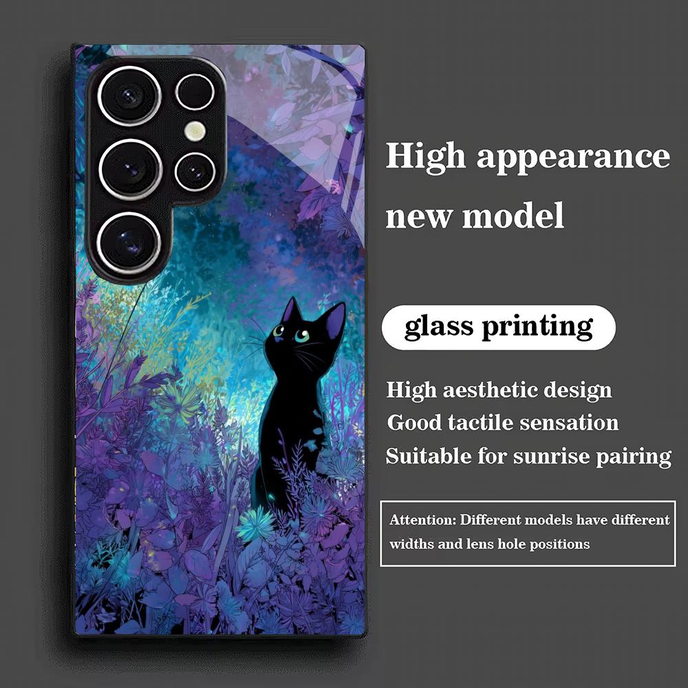 Cat Looking Up At the Starry Sky Glass Phone Case Suitable for Samsung Galaxy S26 S25 S24 S23 S22 S20 FE/Ultra/Plus Anti Fall