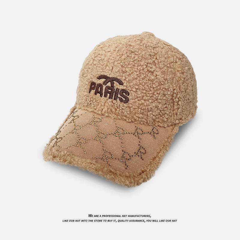 Autumn and Winter Lamb Wool Baseball Cap for Women Korean Version Versatile Letter Hot Diamond Embroidered Peaked Cap Warm Couple Hat