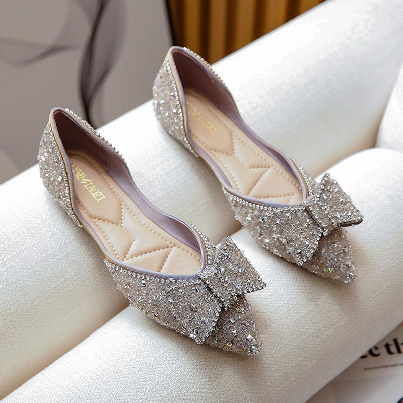 

Остроносые балетки для свадьбы, туфли на высоком каблуке для подружек невесты, туфли-лодочки с неглубоким вырезом, туфли-слипоны, туфли Doudou, украшение стразами 39