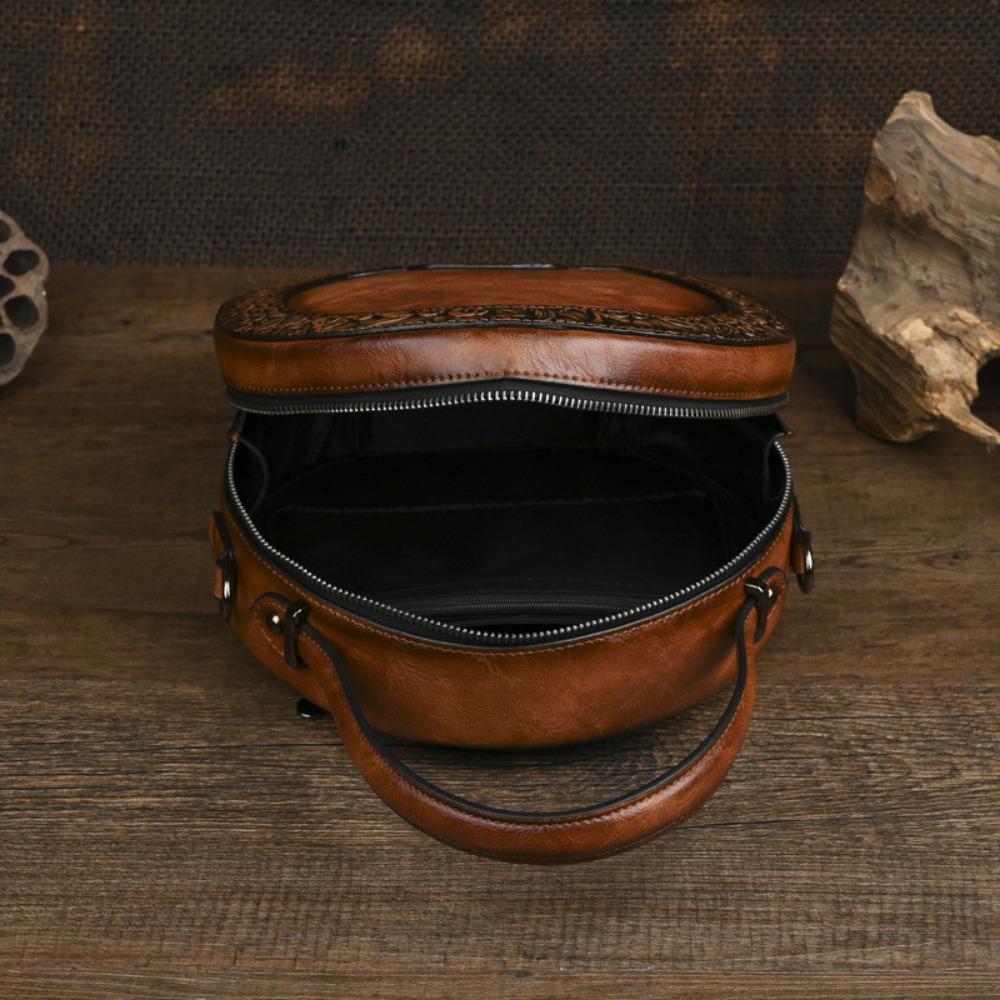 Chinese Style Round Crossbody Bags Women Embossing Shoulder Bags Large Capacity Pu Leather Vintage Handbags For Work Shopping