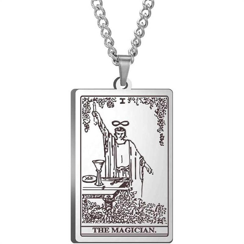 Tarot Stainless Steel Necklace Men'S Hip Hop Personality Retro Square Pendant Sweater Necklace