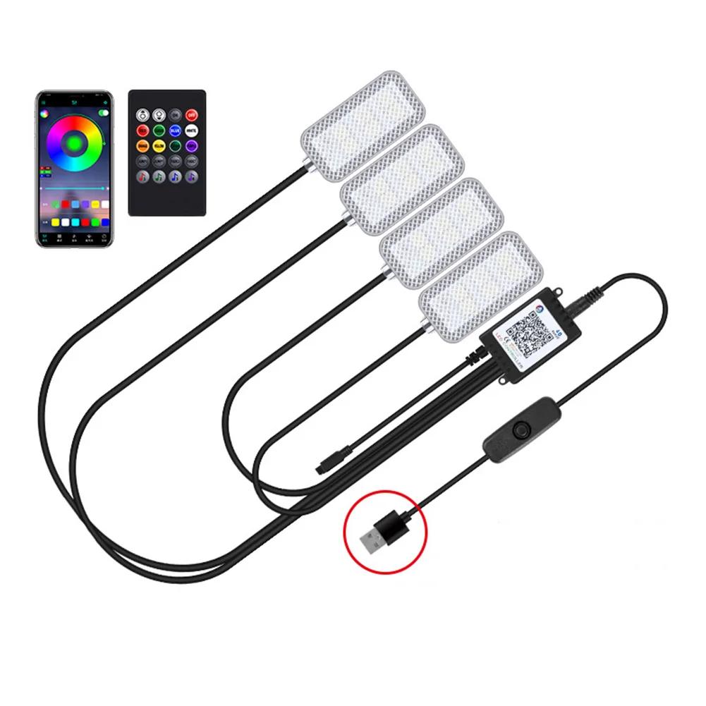 4PCS Car Atmosphere Led Foot Light USB Isqueiro Ambiente de Carro Luzes Decorativas Auto Interior Lâmpadas Ambiente com Controle de APP