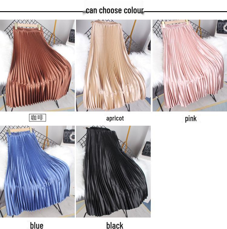 Solid Color High Waist Satin Pleated Midi Skirt - Women's New Spring/Summer/Autumn 2023 Collection