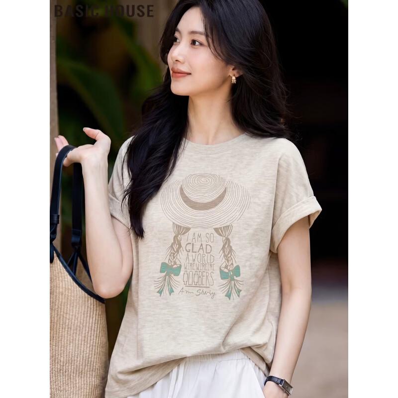 Basic House Women s Printed Round Neck Loose T-shirt L