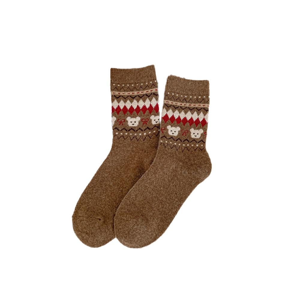 Thickened Warm Wool Socks, Cartoon Bear, Coffee-colored Mid-calf Socks, Double-layer Black Fungus Edge, Pile Mid-calf