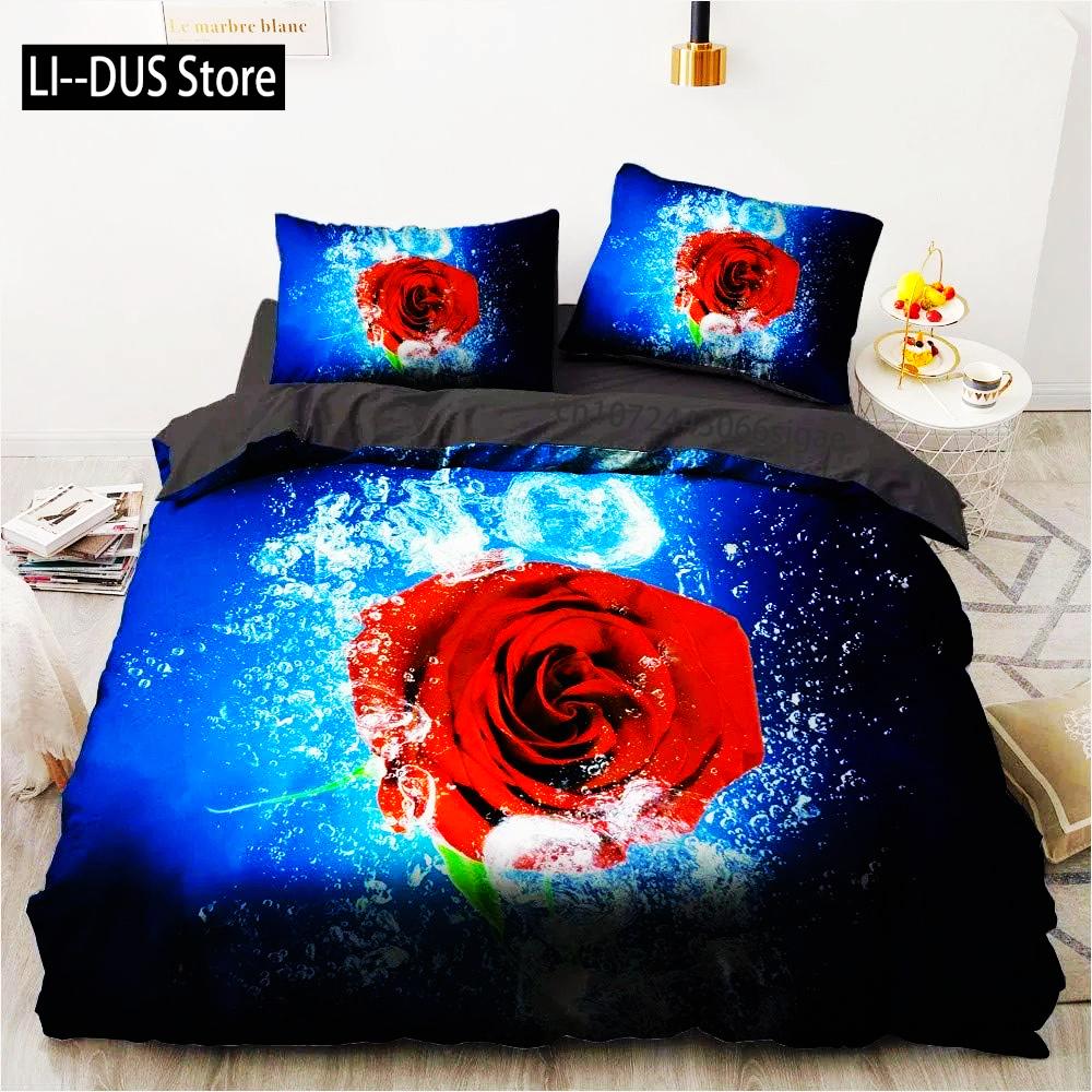3D Baskı Kırmızı Gül Yatak Örtüsü Seti Romantik Gül Desenli Nevresim Takımı Düğün Hediyeleri Yatak Odası Dekorasyonu Yetişkinler Avrupa Yatak Seti King Boy