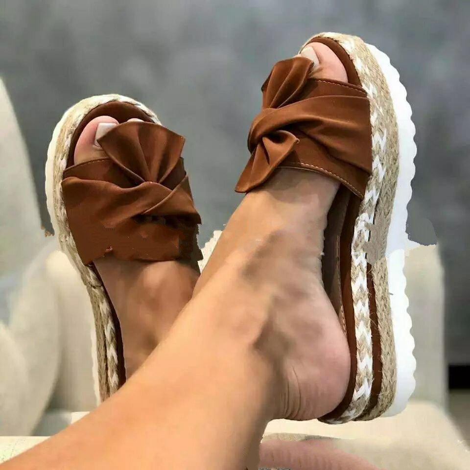 Summer New Slope Heel Bow Cool Slippers Female Amazon Beach Thick Bottom Hemp Rope Large Size Slippers