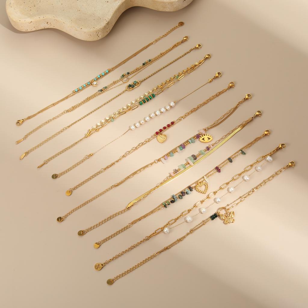 GEMCHIC Women's 18K Gold Plated Stainless Steel Natural Stone Freshwater Pearl Design Geometric Handmade Bracelet