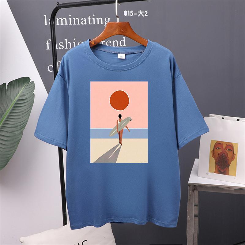 Printed O-neck Short Sleeve T Shirt Women Vintage Graphic Pullover Tees Female Leisure Clothing