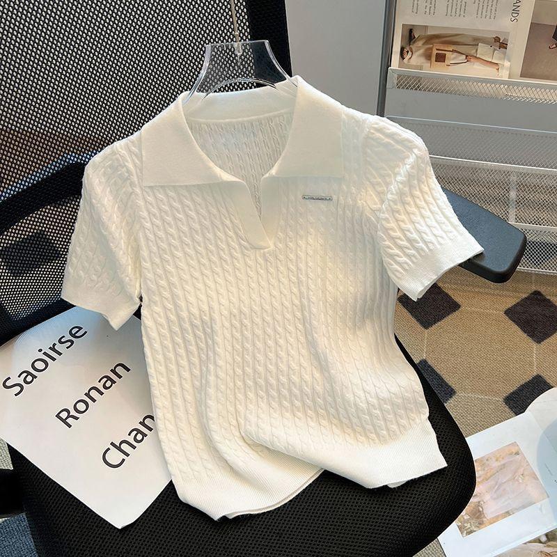 Temperament Lapel Ice Silk Knit Top Summer Loose Thin Twist Short-sleeved T-shirt