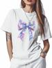 T-Shirts für Damen Grafische T-Shirts Kunst Bunt Schleife Rundhalsausschnitt Kurzarmshirts für Damen Farbige Nähte Freizeit-T-Shirt