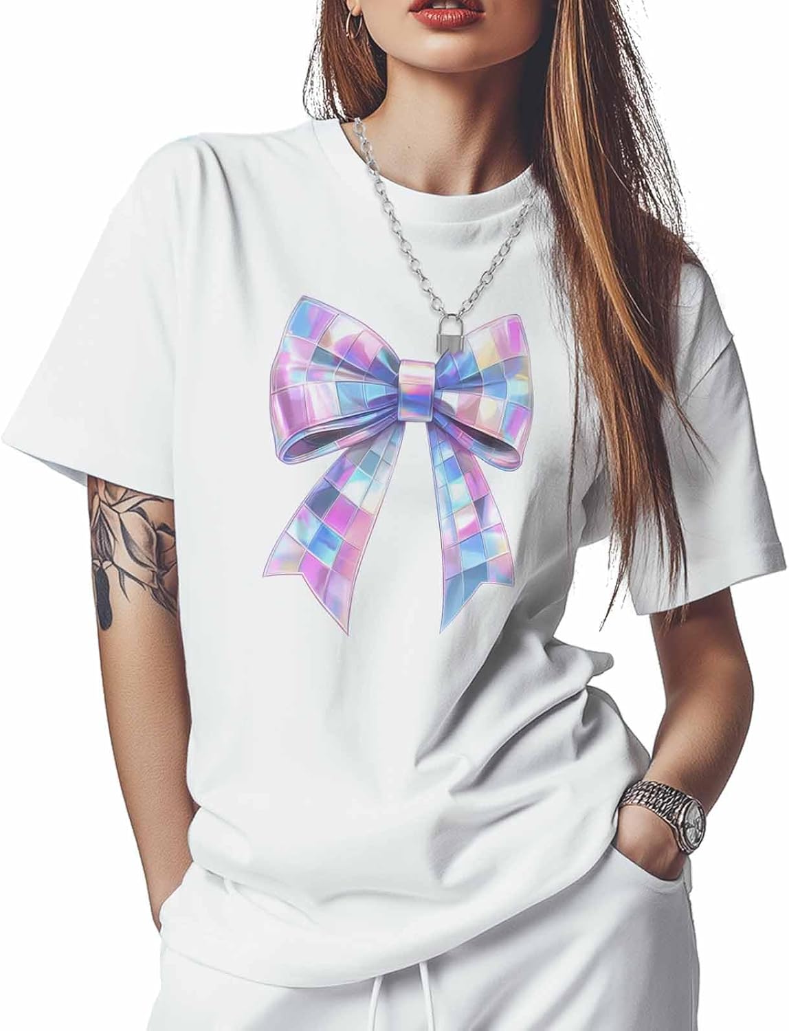 

T Shirts for Women Graphic Tees Art Colorful Bow Crew Neck Short Sleeve Shirts for Women Color Stitching Casual T-Shirt 5XL різнокольоровий