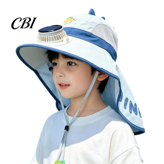 Dinosaur Fishing Hat for Kids Sun with Solar Fan, Wide Brim UV Protection Beach Babies Neck Flap, Summer Cap Boys Girls Camping