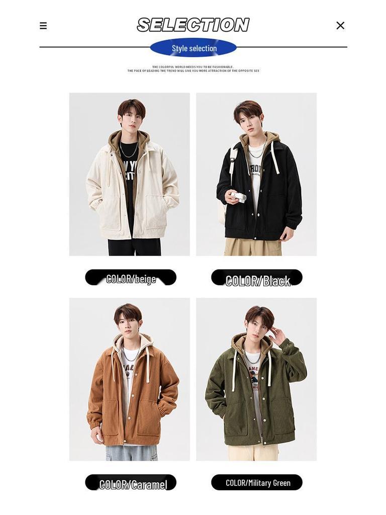 Japanese Trendy Corduroy Hooded Jacket with Fleece Lining: Autumn/Winter Hong Kong Style for Men