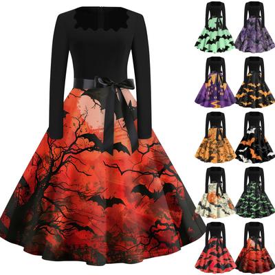 Halloween Print Flare Kleid für Frauen Langarm Kleid Hohl Party Casual Kleider