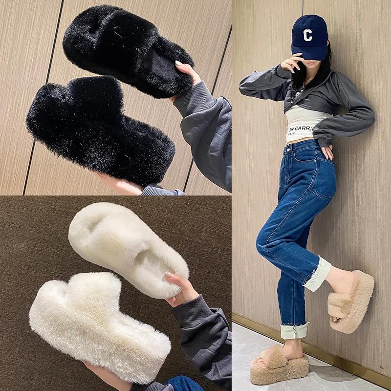Fashion Home Furry Fur Slides Plush Slippers Fluffy Flip Flops Luxury Slip on Platform Women Fashion Shoe 2024 Zapato De Mujer Designer