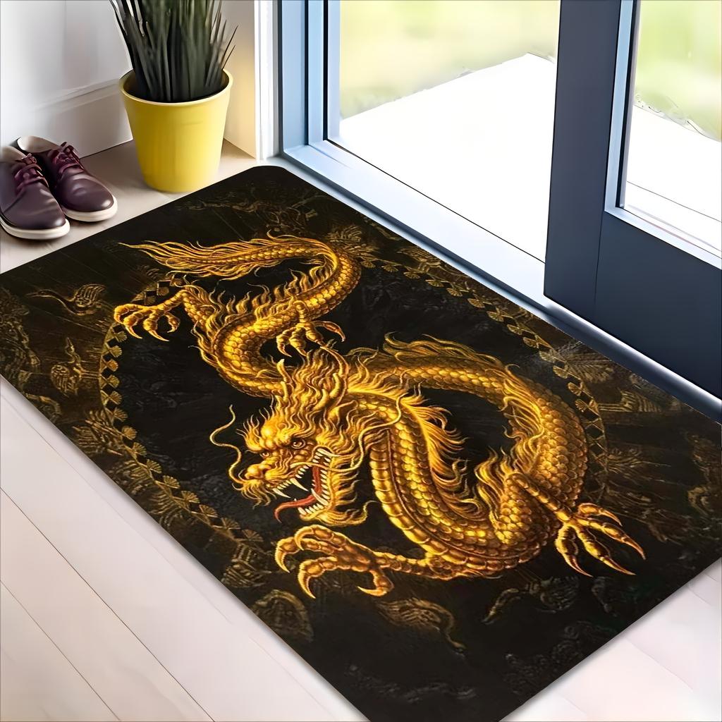 Golden Chinese Dragon Print Flannel Area Rug, Non-slip Soft Floor Mat for Living Room Bedroom Home Decor