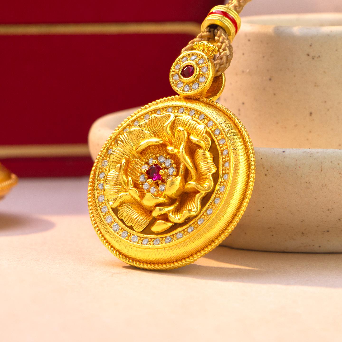 Elegant Sand Gold Rhinestone Peony Flower Pendant with Braided Rope for Women