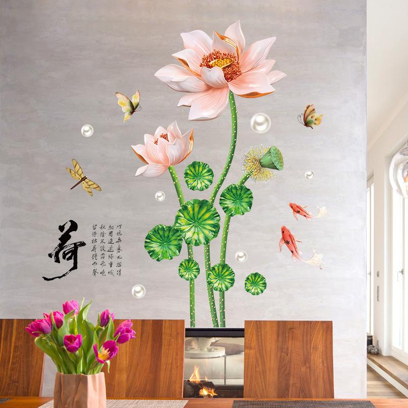 Chinese Style Lotus and Fish Wall Sticker Modern Living Room Bedroom Office TV Background Removable Home Decor Mural