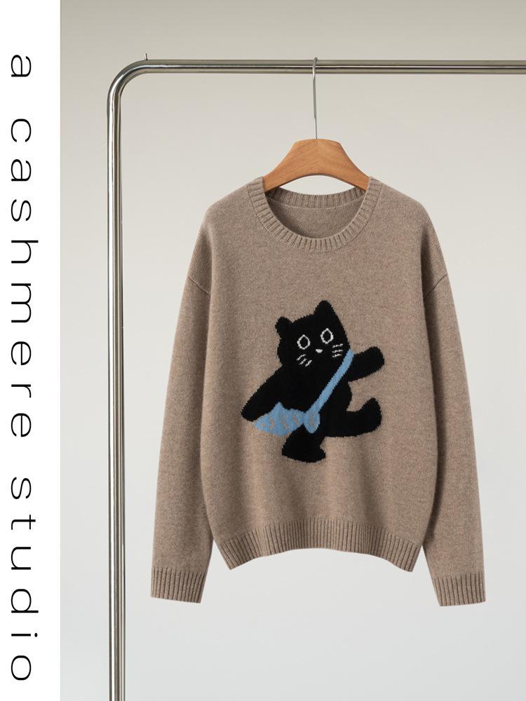 Korean Style Women's Cashmere Sweater - Cute Cat Jacquard, Round Neck Knitwear for Autumn/Winter