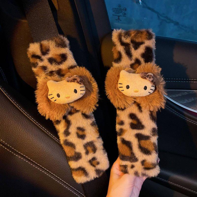 Leopard Print Car Seatbelt Shoulder Pad Cute Cartoon Plush Seatbelt Anti-Strangle Protective Cover for Women Car Interior Decoration
