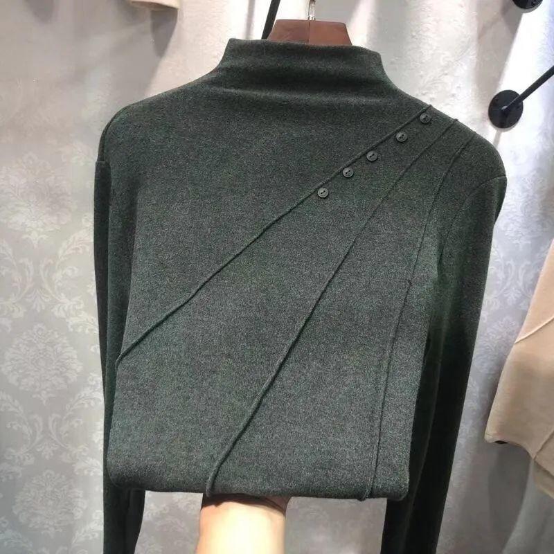 Nuovo Stile Primaverile Maglietta Calda a Collo Semi-alto Manica Lunga da Donna Stile Velluto Tedesco Vestibilità Aderente Top