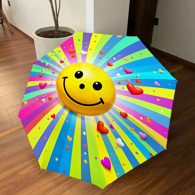 1PC smile heart Automatic Open/Close Umbrella with Windproof, 8-Rib Sturdy Canopy, Durable Ribs, Fashionable Design, Outdoor Accessory, Fun Prin, Holi