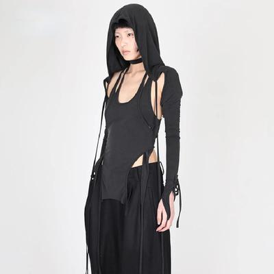 Sweet Fairy Grunge s dlouhým rukávem a kapucí, crop top Y2k, streetwear, ramínka, asymetrické, trendy, sexy, trička pro ženy