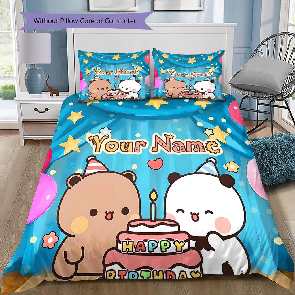 Bear Panda Night Custom Name Pattern Bedding Quilt Set Quilt Cover Pillowcase Home Birthday Gift(1 * Duvet Cover + 2 * Pillowcase, Without Core)