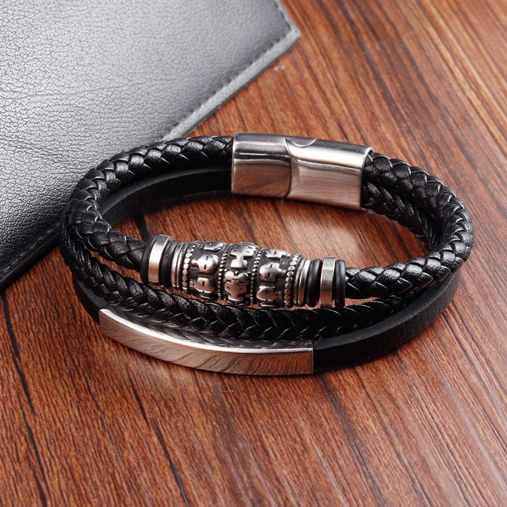 Black Leather Rope Cowhide Men's Double-layer Genuine Leather Woven Bracelet Handmade Multi-layer Leather Bracelet