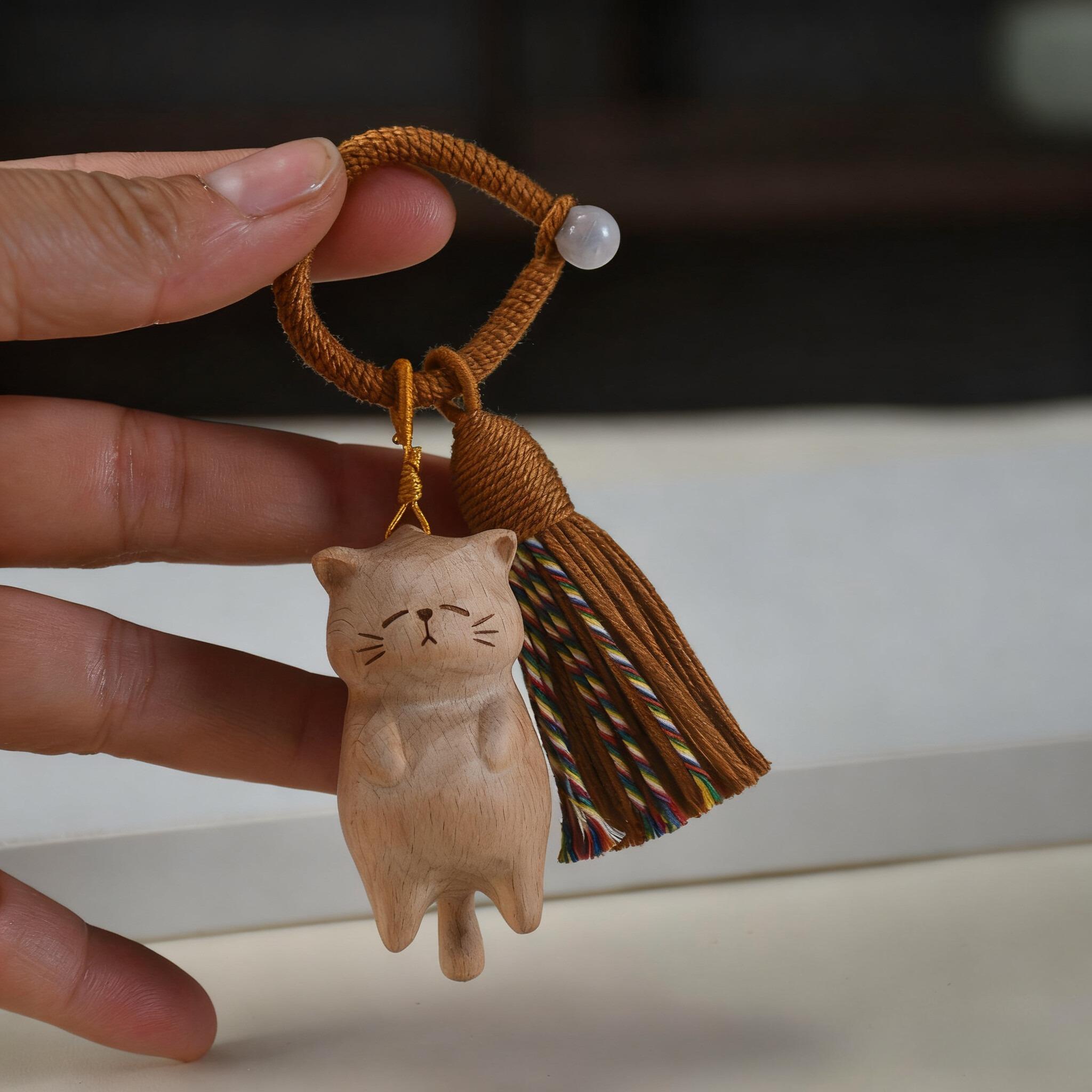 

1pc Hand-Carved Lucky Cat Charm - Portable Keychain or Bag Pendant, Birthday/Christmas Gift for Women, Home/Office Decor