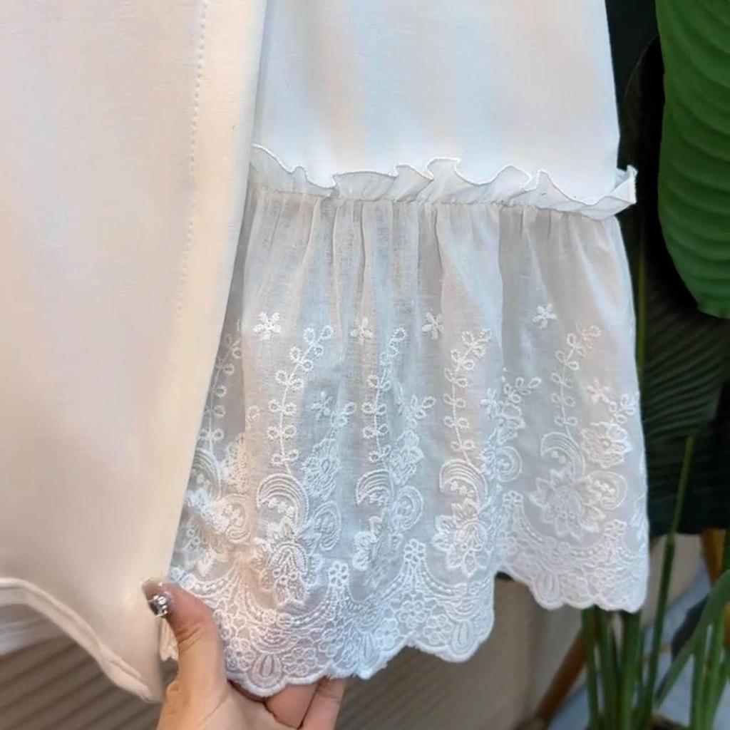 Plus Size Lace Patchwork Short Sleeve T-shirt - Women's Irregular Summer 2025 Slimming Flaw-Covering Top