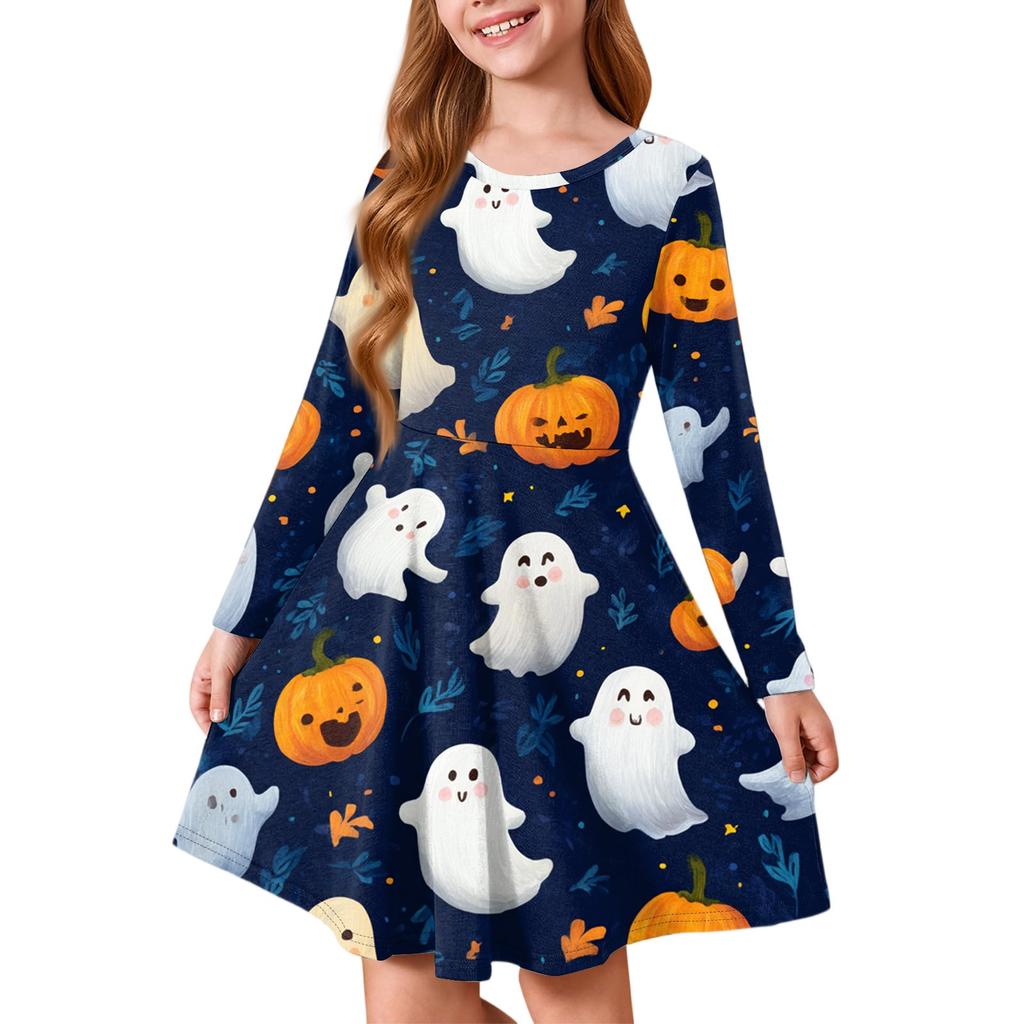 Girls' Summer Princess Dress Halloween Day- Long Sleeve A-Line T-Shirt Dress