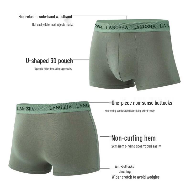 Langsha Men's 10A Antibacterial Cotton Boxer Briefs with Mulberry Silk Crotch, 4-Pack