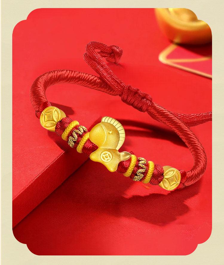 Gold 999 Zodiac Horse Charm Bracelet with Red Rope - Birth Year Gift for Girlfriend