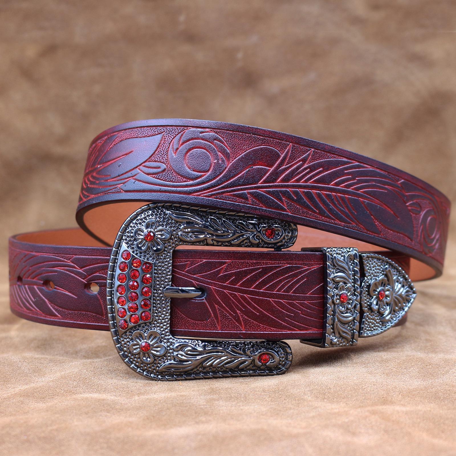 

Унисекс состаренный ретро кожаный ремень из коровьей кожи с тисненым цветочным узором 115 cm темно-красного