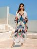 EDOLYNSA Bohemian Chic Gedruckt Lose Kaftan 2024 Sommer Langes Kleid Frauen Beachwear Badeanzug Cover Up Urlaub Casual Robe Q1638