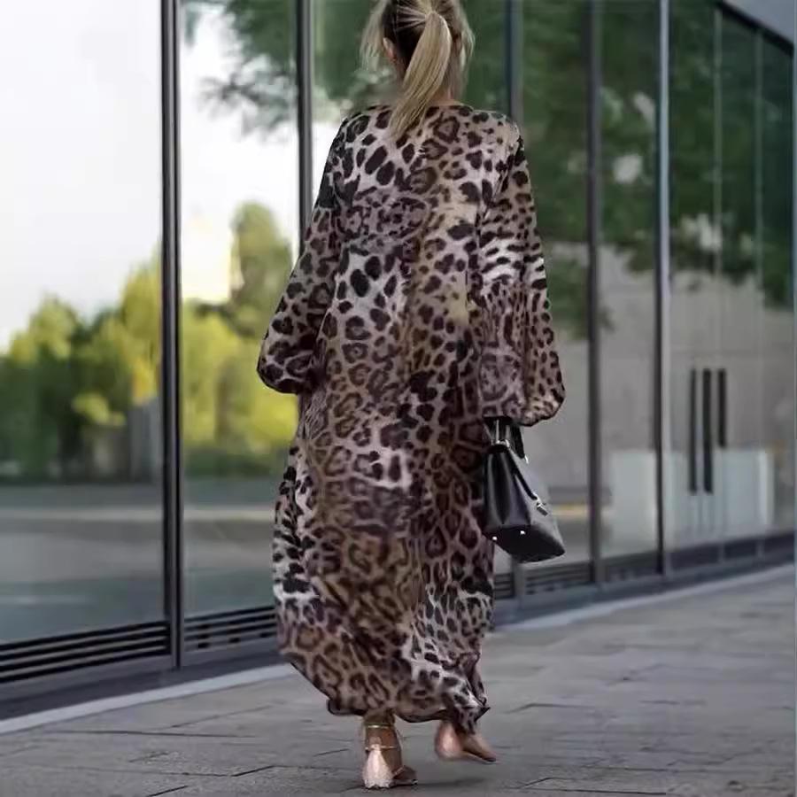 IHUASU Autumn Loose Leopard Print Long-sleeved Plus Size Dress