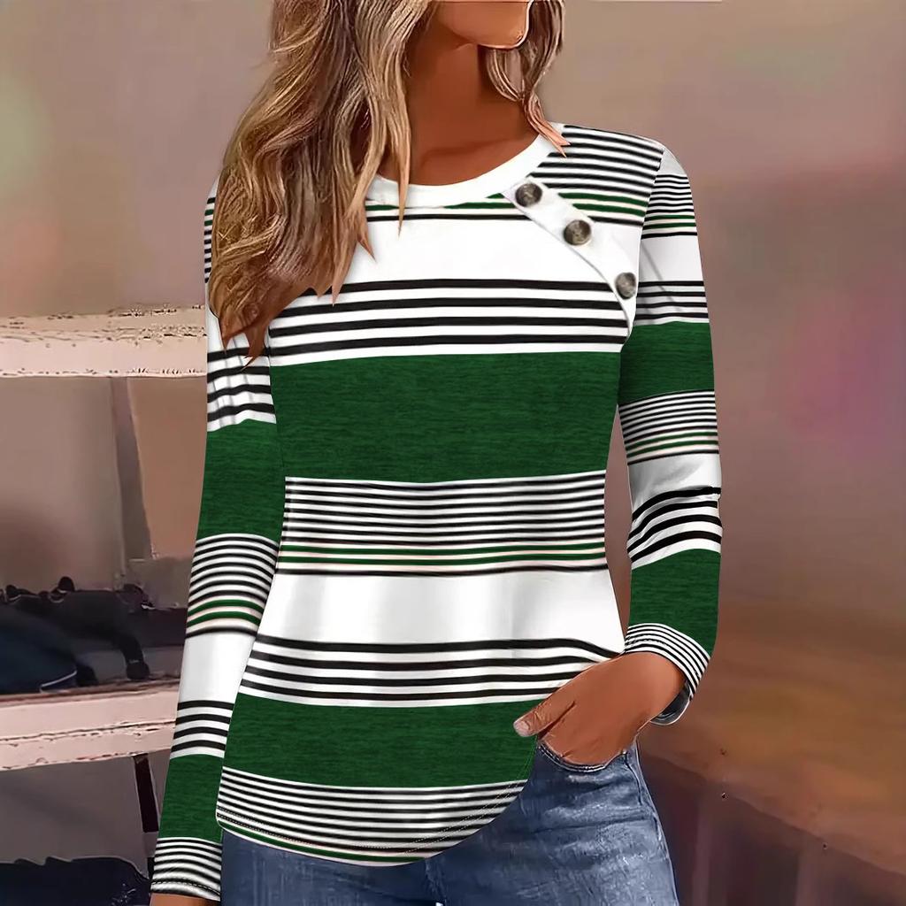 Spring and Autumn Stripe Splicing Color Contrasting Top Round Neck Long Sleeve Loose Women's T-shirts