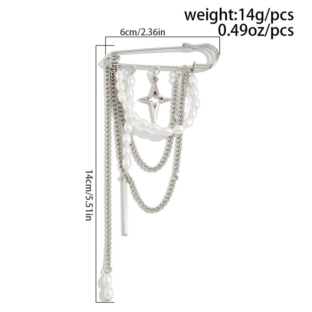 Hip Hop Trendy Imitation Pearl Tassel Chain Brooches for Men Women Waist-shaping Fixed Pin Accessory Multi-functional Jewelry