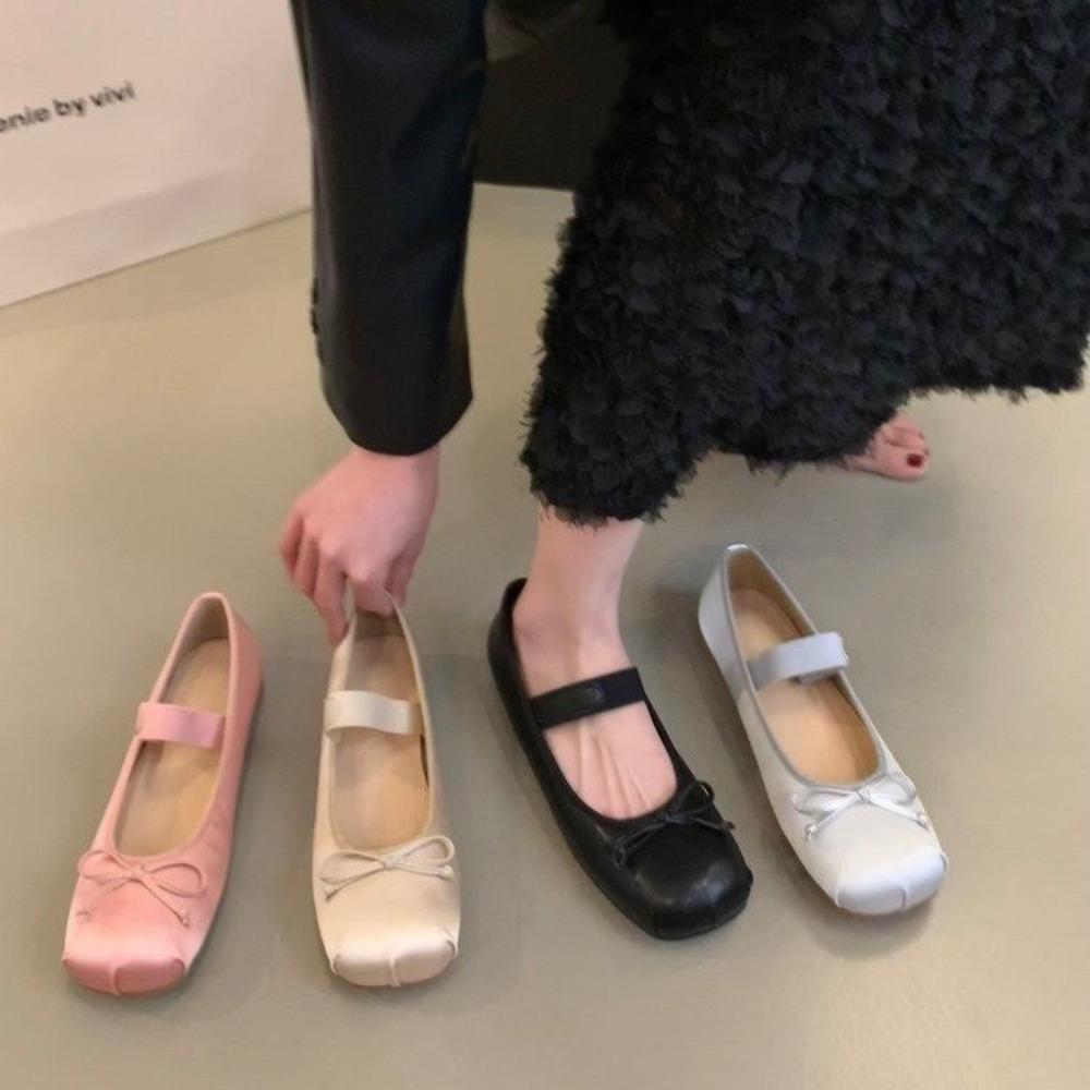 2025 Summer New Women's Pink Ballet Flats Ethereal Fairy-Like Vintage Satin Silver Mary Jane Shoes